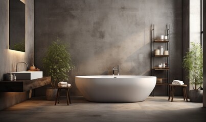 Fototapeta na wymiar modern spacious bathroom with bathtub, microcement walls, living plants, wood trim and window