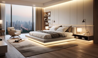 stylish bedroom with panoramic views of the business district of a modern big city