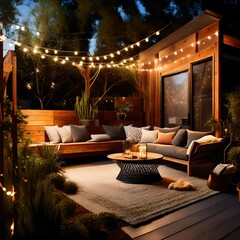 Backyard haven featuring a modern Eames chair, illuminated by the warm glow of outdoor string lights