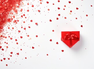 heart, presents, and box on white background with confetti