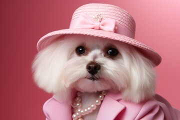 Maltese in a pink hat, pearl beads and a pink jacket