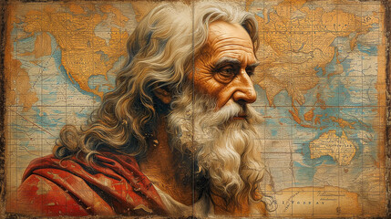 Ancient World Map in the Style of Leonardo da Vinci with Portrait, ai generated
