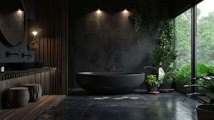 A black bathroom with a bathtub, modern design