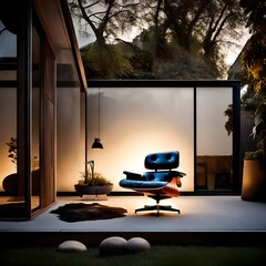 Eames chair in a modern backyard setting, illuminated by the soft light of dusk