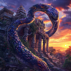 A Majestic Naga Serpent Coiling Around an Ancient Temple Ruins at Sunset, Symbolizing Mystery and Ancient Lore - obrazy, fototapety, plakaty