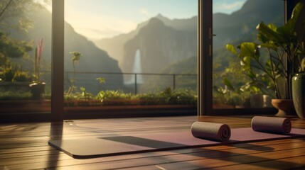Rolling Yoga mat, Healthy Lifestyle, Fitness. Close to a window with a natural backdrop. Yoga relaxation.