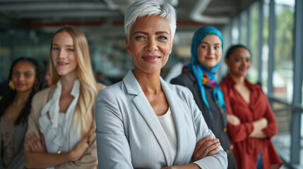 Fototapeta premium Group of diverse professional women confidently standing in a line, with the woman in the foreground crossing her arms, showcasing a strong and united front in a workplace setting.