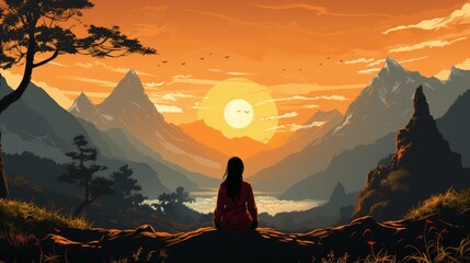 Yoga pose, woman practice yoga in a quiet environment, in the forest, mountains. Healthy Lifestyle, Fitness. With a natural backdrop, sunset. Yoga relaxation. - obrazy, fototapety, plakaty