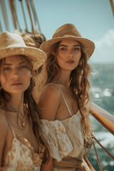Young attractive girls enjoyng on stern of a yacht summer concept