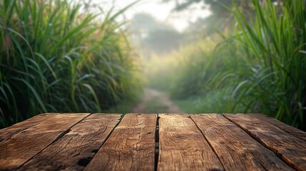 Wooden floor in a sugar cane field with a backdrop of nature, agriculture, and products on display, Generative AI. - obrazy, fototapety, plakaty