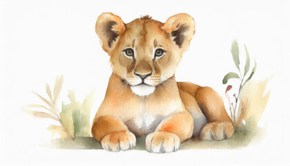 A flat illustration with a lioness cub on a white background. The concept of wildlife, watercolor