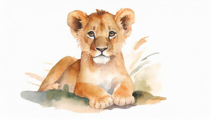 A flat illustration with a lioness cub on a white background. The concept of wildlife, watercolor