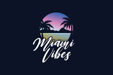 Miami vibes 80s retro with gradient background logo and palm trees vector
