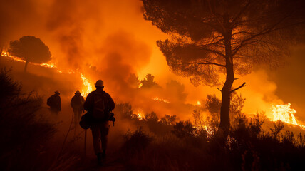 Fototapeta premium Fighting fires caused by extreme heat, climate change, ai generative