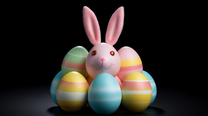 Fototapeta premium One pastel colored easter eggs and bunny ears on a isolated black background 