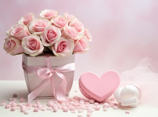 Valentines gift set with pink roses on a pink background