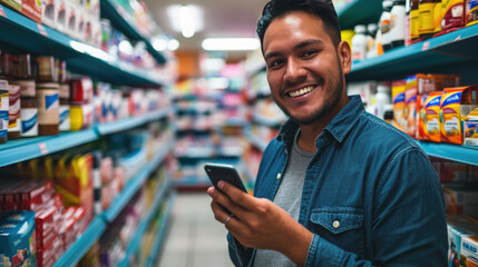 Happy young man is using his smartphone in a brightly lit grocery store aisle.