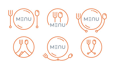catering logo. menu logo. spoon, fork and plate symbols set