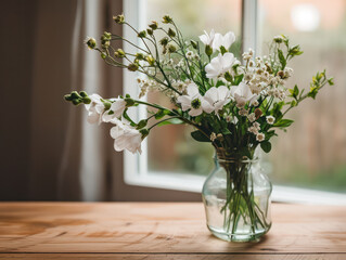 Flower vase with beautiful white flowers on table with window background