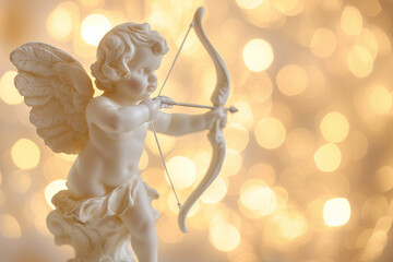 A soft-focus image of a Cupid statue preparing to shoot an arrow, bathed in the glow of golden bokeh lights, a charming representation for Valentine's Day celebrations, love-themed events, or