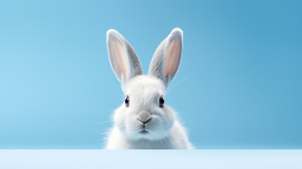 White easter bunny ears on a blue and minimalist background 