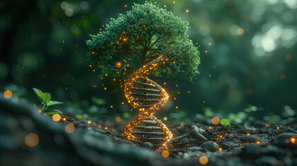 concept of green biotechnology or synthetic biology, graphic of plant with DNA. - obrazy, fototapety, plakaty