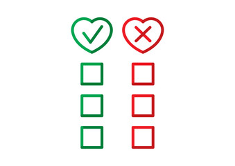 check sign in green heart. cancel sign in red heart. check mark and cancel sign