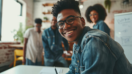 Young man with glasses in the foreground, smiling towards the camera, with coworkers in the background, in a meeting at office