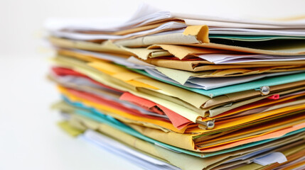 Stack of assorted colorful papers and folders, likely representing organization, administration, or paperwork.