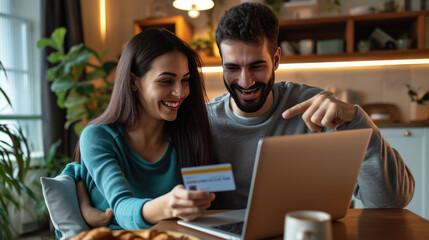 Fototapeta premium Joyful couple engaged in online shopping