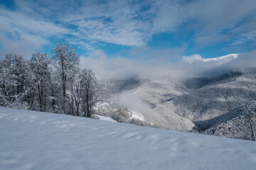 Frosty winter morning in the mountains, fresh snow has fallen. Concept, travel, winter vacation.
