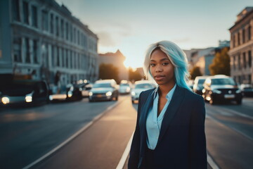  young adult woman with blonde-blue dyed hair, business suit on city street