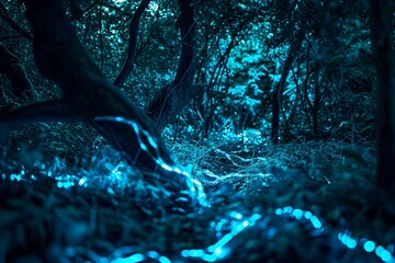 A forest landscape at night with glowing neon blue veins running through the trees and foliage,