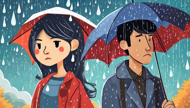 sad woman and sad man, raindrops falls