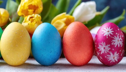 Naklejka premium Row of colorfully painted Easter eggs 