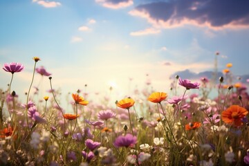 Obraz na płótnie Canvas Sunlit field of wildflowers, neutral backdrop, text integration.