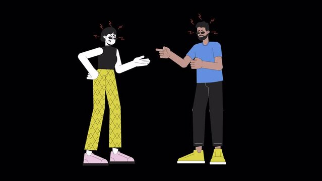 Interracial couple argument line cartoon animation. Emotional expressing, body language 4K video motion graphic. Unhappy married 2D linear animated characters isolated on transparent background