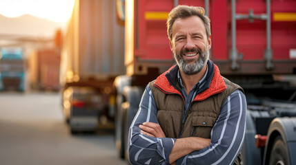 Confident male truck driver standing with his arms crossed in front of a truck, smiling at the camera during a sunny day.