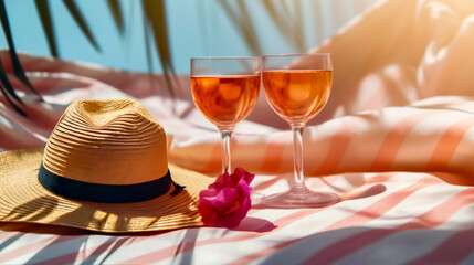 Two glasses of wine and straw hat on beach towel with pink flower. - obrazy, fototapety, plakaty