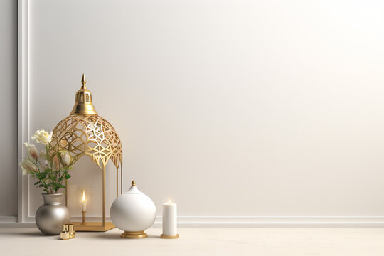 Arabic lantern with burning candle on wooden table against blurred background. Ramadan Kareem concept