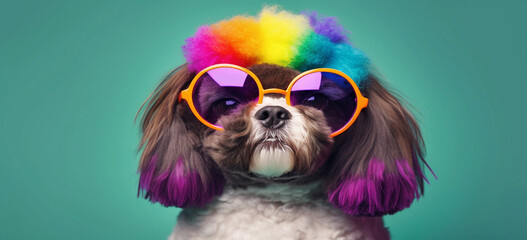 Cute dog with colorful sunglasses , symbolic of LGBTQ campaign. 