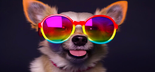 Cute dog with colorful sunglasses , symbolic of LGBTQ campaign
