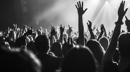 Monochrome image of a crowd at a concert, with many hands raised in the air, silhouetted against...
