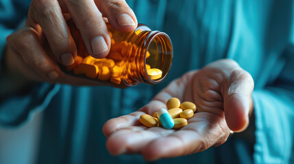 Close-up of someone pouring a variety of pills from a prescription bottle into their hand - obrazy, fototapety, plakaty
