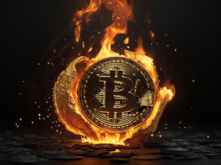 Fire with cryptocurrency, Burning in fire golden bitcoin on black background, Bitcoin coin in flames, burning cryptocurrency bitcoin money, crash and blockchain bubble design.