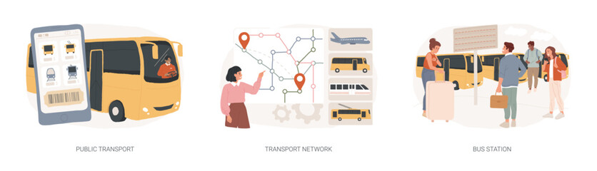 Urban transportation isolated concept vector illustration set. Public transport, transport network, bus station, buy ticket, car traffic, smart city, rush hour, passenger vector concept.