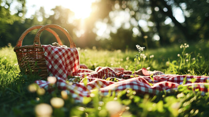 Wicker picnic basket with a red and white checkered cloth on it, set on a grassy field with dappled sunlight filtering through the trees. - obrazy, fototapety, plakaty