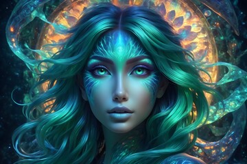Meerjungfrau mit smaragdgrünen Haaren und Gesichtsbemalung - obrazy, fototapety, plakaty