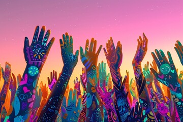 Immerse yourself in a mesmerizing generative AI illustration that beautifully captures the essence of working together. A group of hands floats in the air, reaching towards each other with open palms - obrazy, fototapety, plakaty