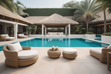 Poolside lounge with rattan sofa with ornaments pillows